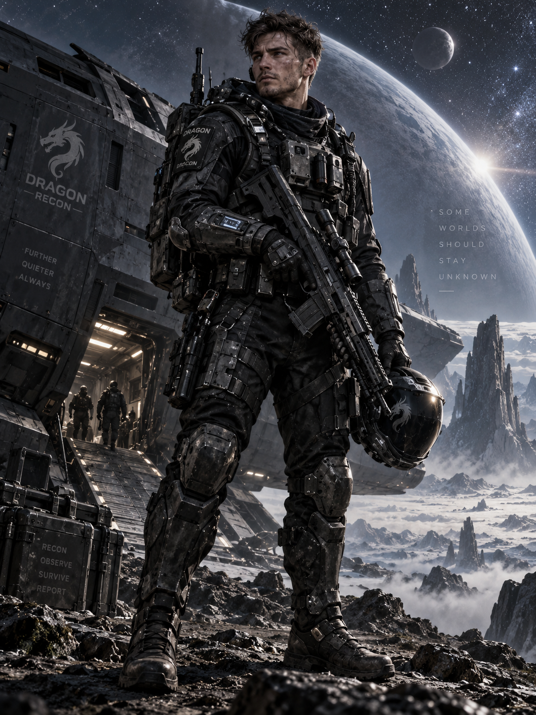 Concept 03: person in dark armor with a distant planet behind