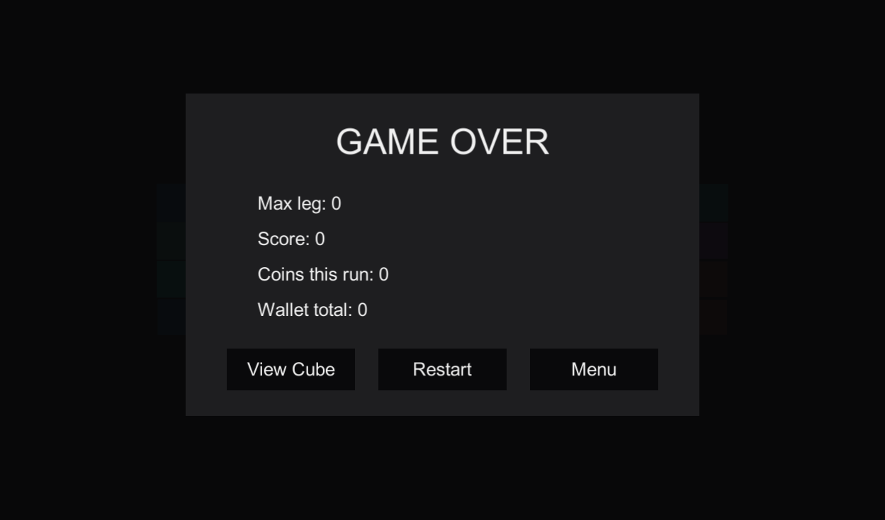 Game Over screen at the end of a run